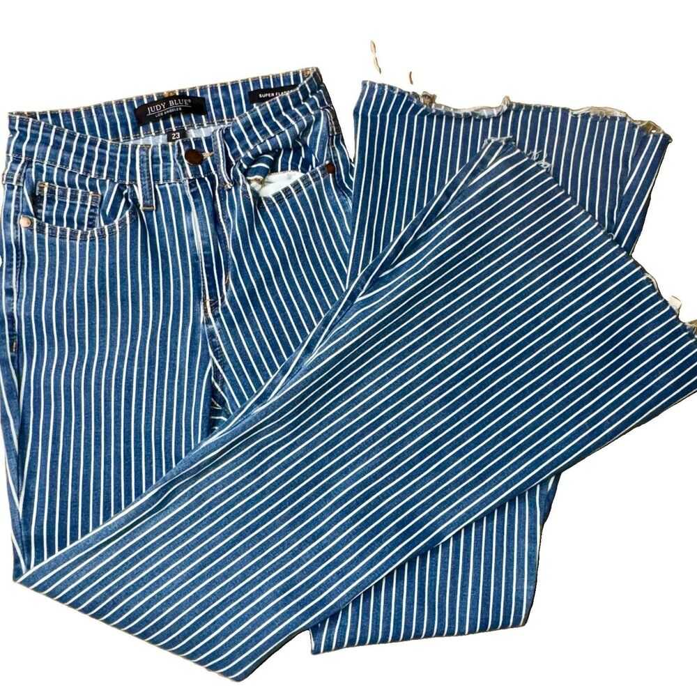 Judy Blue Navy Striped Flare Wide Leg High Rise Jeans Women’s Size 23 Preppy